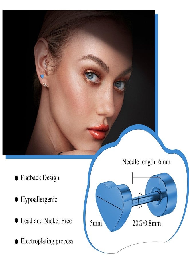 ZDE Women Flat Back Star Earrings Non-Nickel Heart Earrings Titanium Hypoallergenic Cartilage Earrings Stud for Sensitive Ears Simple Classic 5mm Flat Stud Earring (Heart-Blue) - Image 2